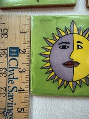 VTG Mexican Talavera Tiles Set 10 Sun Moon Face Hand Painted Green 4in
