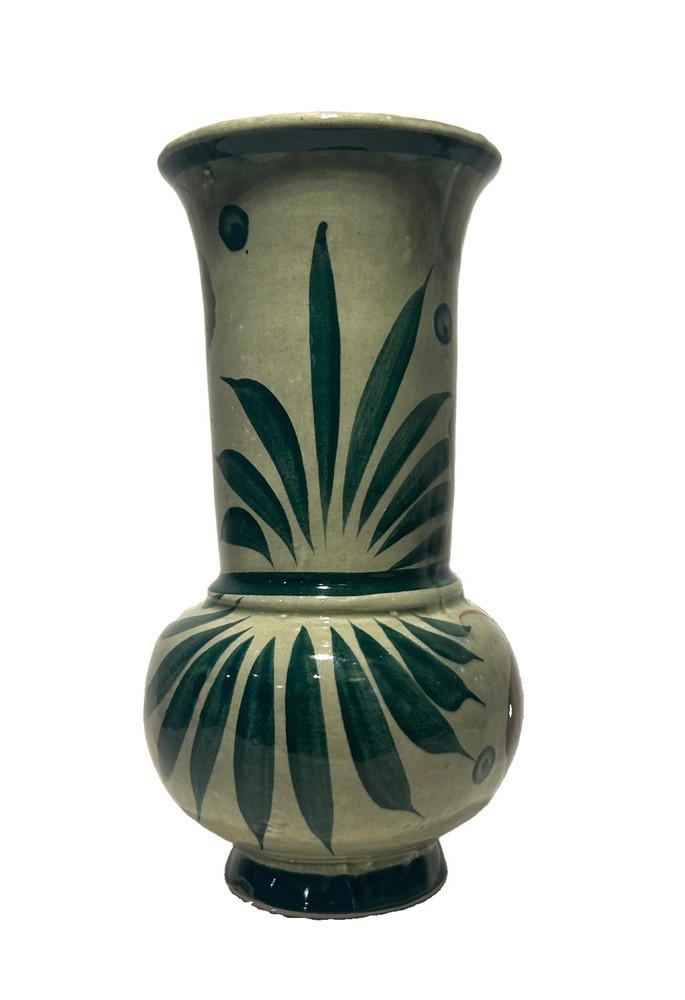 Vintage- Tonala Mexican Pottery 8.5 inches Green Vase- Signed- Hand Painted