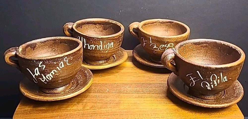 Set Of 4 Vintage Mexican Red Clay Cup and Saucer- Handcrafted Mexico