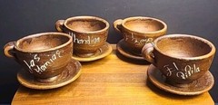 Set Of 4 Vintage Mexican Red Clay Cup and Saucer- Handcrafted Mexico
