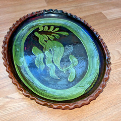 Mexican Patamban Hand Painted Fish Design Folk Art Green & Brown Glazed Platter