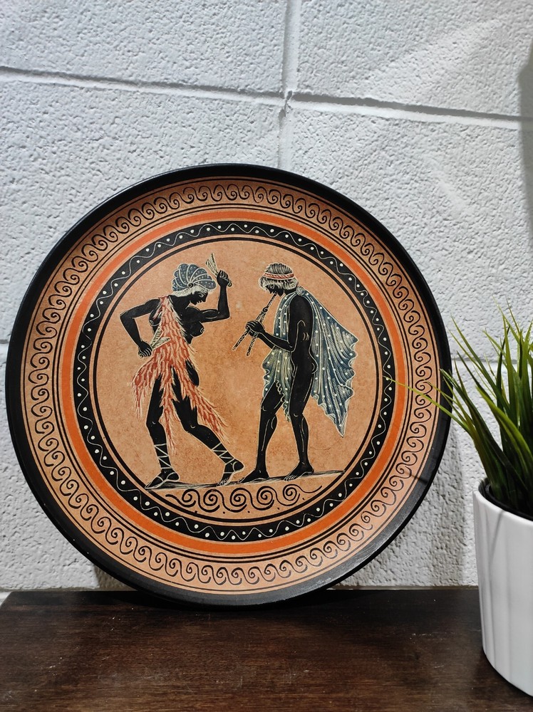 Vintage Red Clay Pottery Plate 13″W Hand-painted Music & Dance Made in Greece