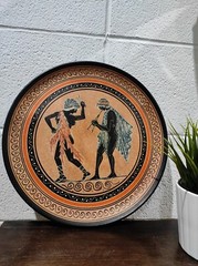 Vintage Red Clay Pottery Plate 13″W Hand-painted Music & Dance Made in Greece