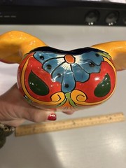 Vintage Hand Painted Handmade in Mexico Ceramic/Clay Heart with Wings W/ Sticker