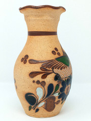 Tonala Mexico 8.25″ Vase sandstone Pottery hand painted enamel Quail & flowers