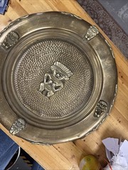 Vintage Brass Aztec Mayan Charger Tray Wall Brass Plate With 3D Figure 16″ Dia