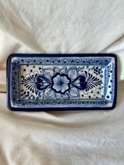 Handmade Mexican Talavera Rectangular Dish Blue & White Raised Relief Pottery