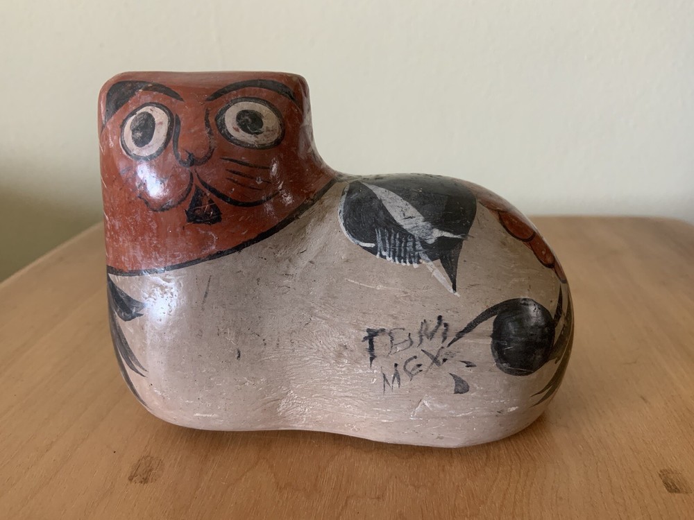 CLASSIC TONALA POTTERY CAT FIGURE MEXICO BRUNIDO NAHUAL SHAMAN 5.25” L SIGNED