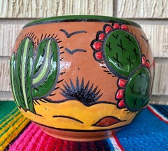 Lg Mexican Ceramic Flower Cactus Pot Planter Folk Art Pottery Handmade Talavera