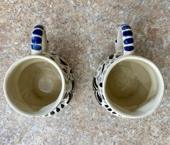 GTO Mexican Handmade Pottery Owl Mugs Pair Black White Blue Hand Painted 3” (2)