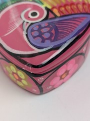 Vintage Mexican Pottery Heart Box Hand Painted Floral Bird Jewelry Dish