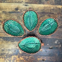 Set of 4 Vintage Patamban Barro Verde Leaf Bowls Green Glazed Mexican Pottery