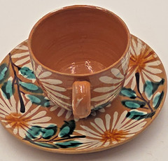 Vintage Hand Painted Mexican Pottery Demitasse Espresso Cup & Saucer Floral Terr