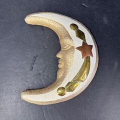 1/4-Moon Face Ceramic/Copper/Brass Mixed Media Celestial Wall Hanging Terracotta