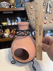 Mini Terra Cotta Pottery Tabletop Fireplace Chiminea W/Black Metal Stand