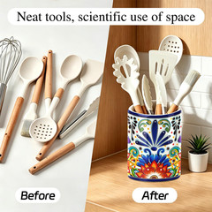 Mexican Tiles Kitchen Utensil Holder, Mexica Theme Talavera Large Ceramic Utensi