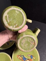 Lot Vintage 1940s Green Mexican Tlaquepaque Tonala Cups Saucer Plates Redware
