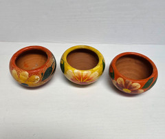 Lot of 3 Vintage Mexican Folk Art Clay Pottery Planter Pots Yellow Flowers Small