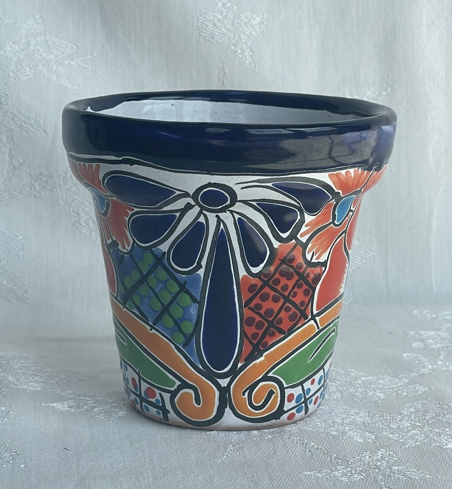 Talavera Mexican Art Pottery Flower Pot Planter Handmade Folk Art Signed
