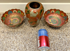 3 Brass Cloisonne Decorative Arts. Made In India. 2 Trinket/Jewelry Bowls & Vase