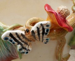 Cream Color Flower Pot Hummingbird Nest Butterflies Handmade Tonala Mexican Art