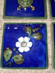 Vintage Tonala Mexican Pottery Cobalt Blue Folk Art Sun Turtle Flower Fish Tile