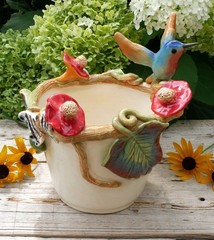 Cream Color Flower Pot Hummingbird Nest Butterflies Handmade Tonala Mexican Art