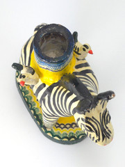 Vintage Mexican Folk Art Candle Holder Handmade Zebra Birds Clay Pottery Large