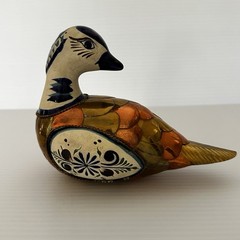 Vintage Tonala Mexican Pottery Duck Hand Painted With Brass & Copper Body