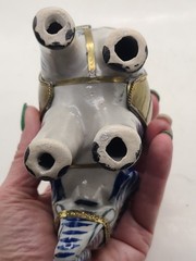 Mexican signed elephant with brass armour in white and blue ceramic. Vintage