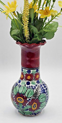 Talavera Small La Corona Pottery Vase Flowers Plum Green Blue Signed 5.5″ Tall