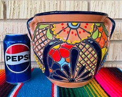 Lg MEXICAN TALAVERA Folk Art POTTERY FLOWER POT PLANTER CERAMIC #15