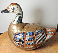 Tonala Mexico Duck Bird Ceramic w/ Brass Feathers Blue Brown Decor 7″