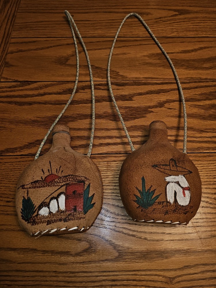 Set Of (2) Vintage Hand Made Mexican Canteens- Painted Leather Over Plastic