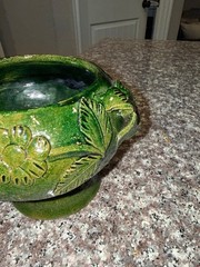 Vintage Green Redware Pottery piece from Oaxaca, Mexico, featuring an applied fl