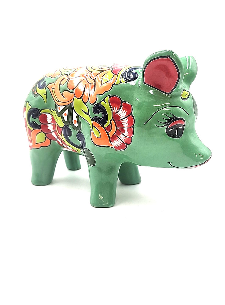 Mexican Folk Art Talavera Pig Pottery Figure Hand Painted Green Multi Color 13×9