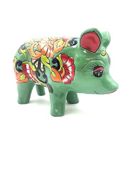 Mexican Folk Art Talavera Pig Pottery Figure Hand Painted Green Multi Color 13×9