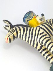 Vintage Mexican Folk Art Candle Holder Handmade Zebra Birds Clay Pottery Large