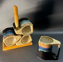 Rodolfo Padilla Coffee Mugs Signed Black Drip Glaze Stoneware 4 Cups & Stand