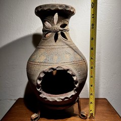 Rustic Clay Pottery Table Top Chiminea With Metal Stand