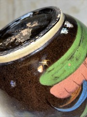 Early 1900’s Tlaquepaque Jalisco Mexico Hand Painted 8” Black Glaze Pottery Bowl