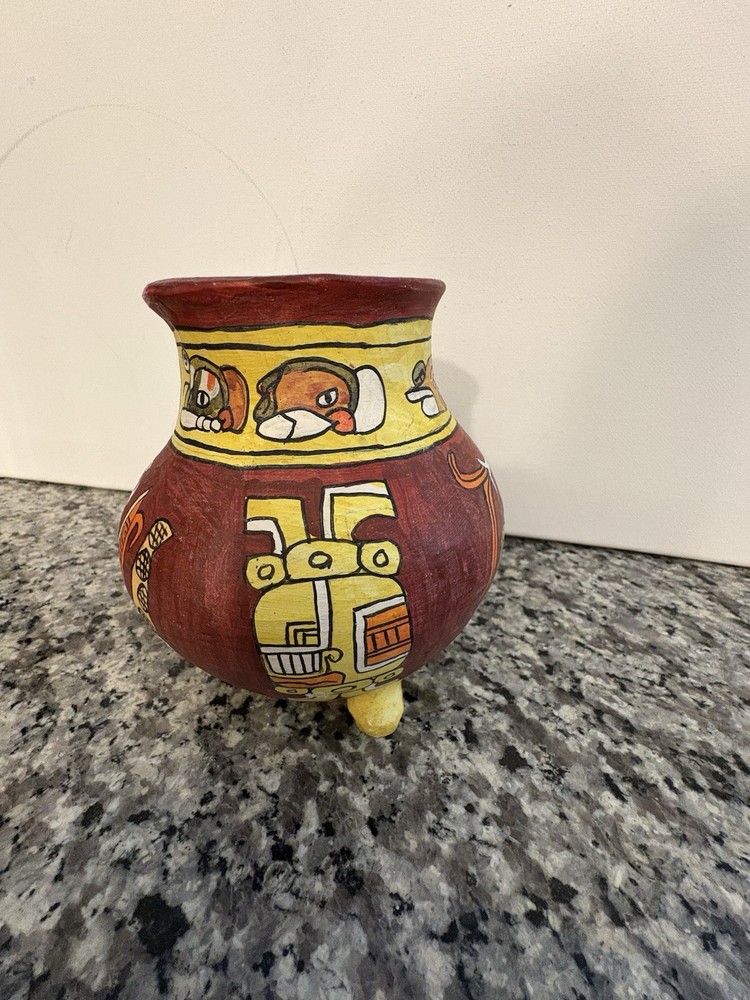 Vintage Mayan Pottery Terra Cotta Vase 3 Footed Made By Belize SJS MAC