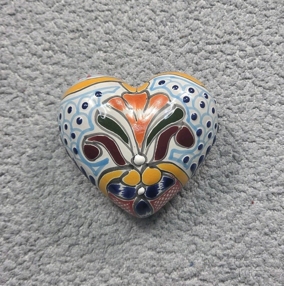 Talavera Heart Wall Decor Mexican Pottery Art Hand Painted 4 X 5x 2 In