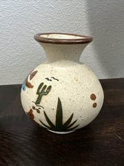 Vtg Tonala Mexican Pottery Vases Set of 2 Hand Painted Sandstone Signed Mexico