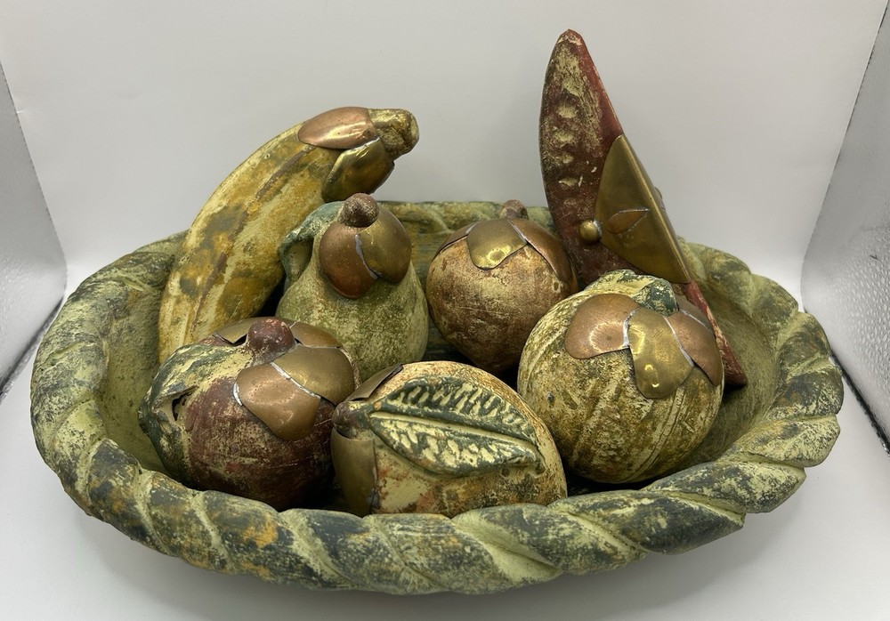 Mexican Tera Cotta Fruit Platter/Basket With 7 Fruit Pcs W/Brass Stems