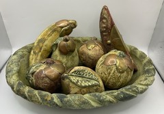 Mexican Tera Cotta Fruit Platter/Basket With 7 Fruit Pcs W/Brass Stems