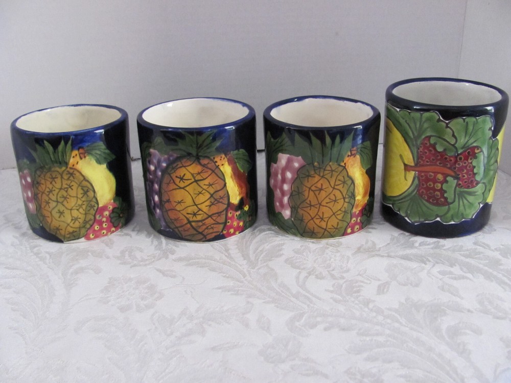 Talavera Lead-Free Made in Mexico Q- Fruits on Cobalt Blue -Set of 4 Mugs