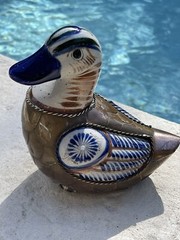 Vintage hand painted Mexican folk art tonala Copper & brass duck figure