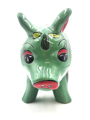 Mexican Folk Art Talavera Pig Pottery Figure Hand Painted Green Multi Color 13×9