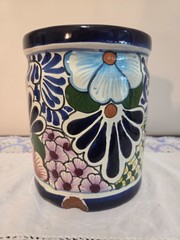 Mexican Talavera Planter Pot Hand Painted Floral Folk Art Pottery Ceramic Chip